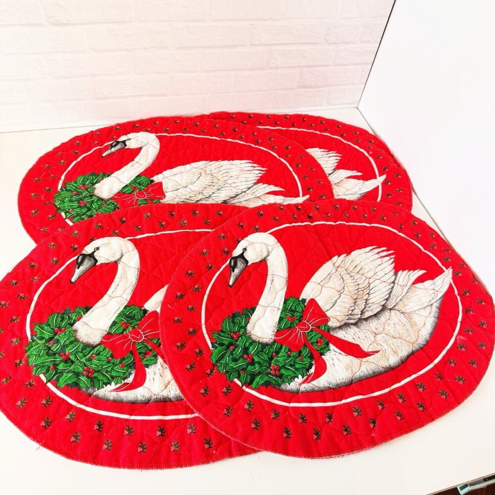 VTG Red Christmas Goose Swan Quilted Fabric Placemats Set of 4 Cottagecore